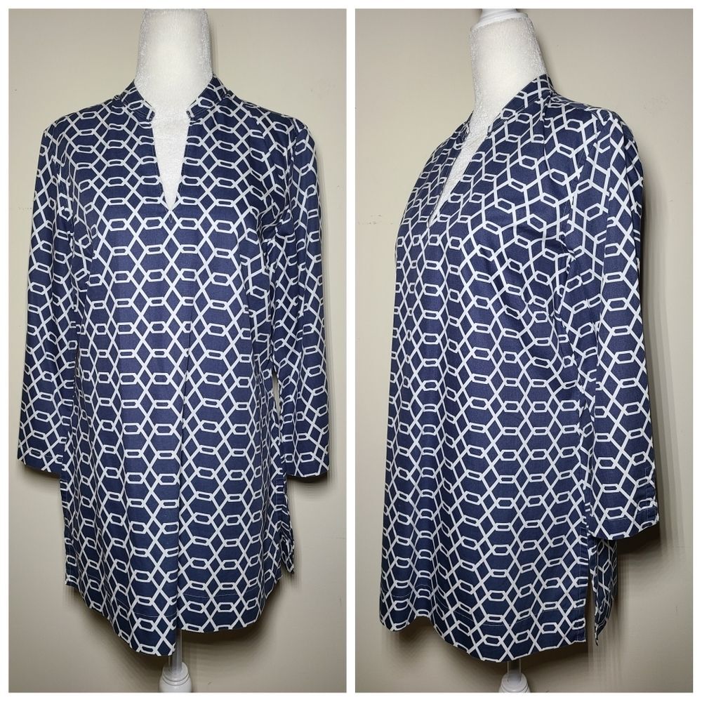 Brooks Brothers|100% Cotton Blue Geometric Tunic Top, MEDIUM
